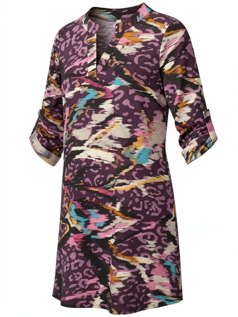 Dear Scarlett Purple Abstract Split-Neck Tunic with Roll-Tab Sleeves
